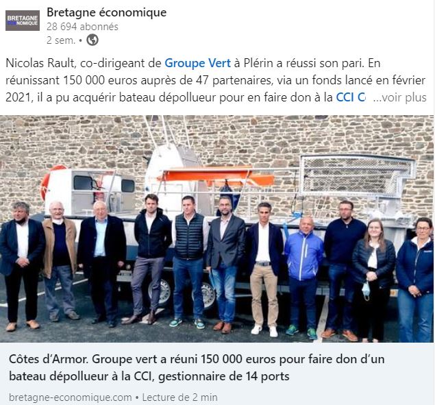 Bretagne Economique : Côtes d’Armor. Groupe vert a réuni 150 000 euros pour faire don d’un bateau dépollueur à la CCI, gestionnaire de 14 ports